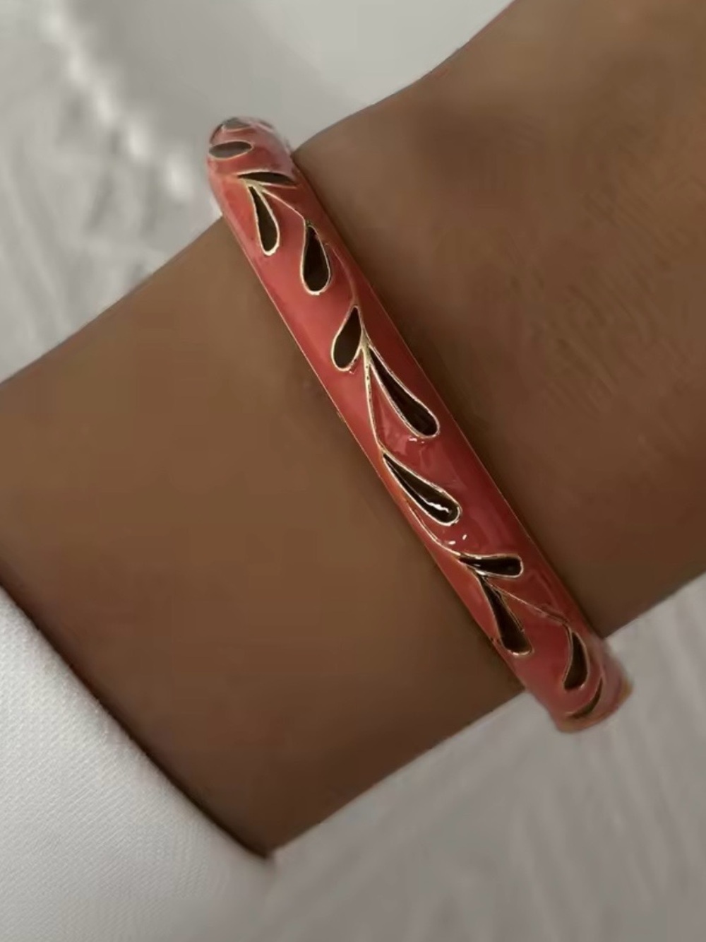 Coral Enamel Bangle Bracelet with Gold Accent
